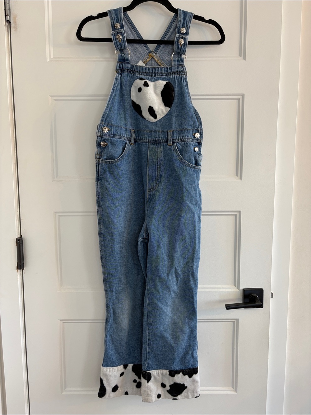Vintage Light Wash Denim Overalls with Cow Cuffs and Heart Patch
